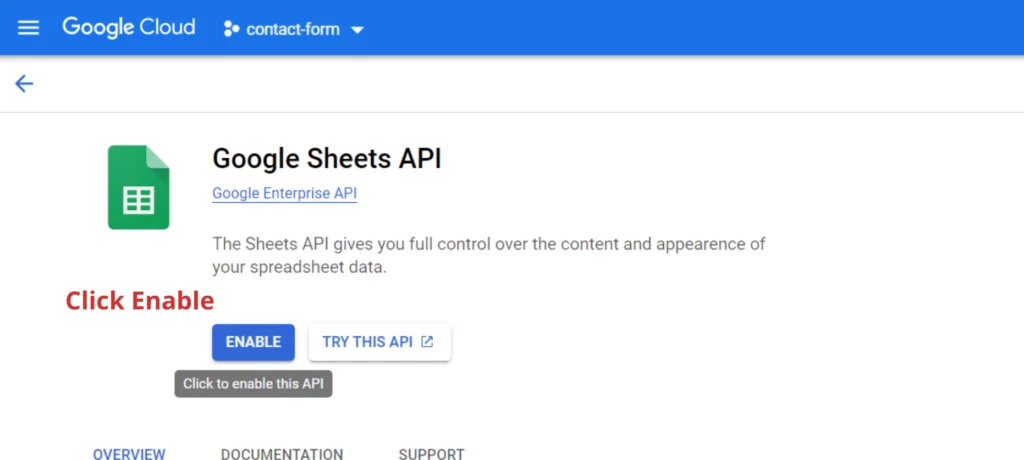 Enable Google Spread Sheet API